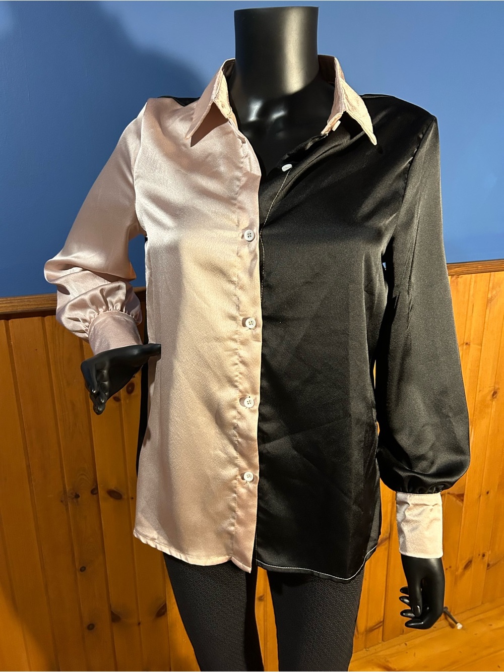 Black and Champagne Colourblock Satin Button-Up Blouse
